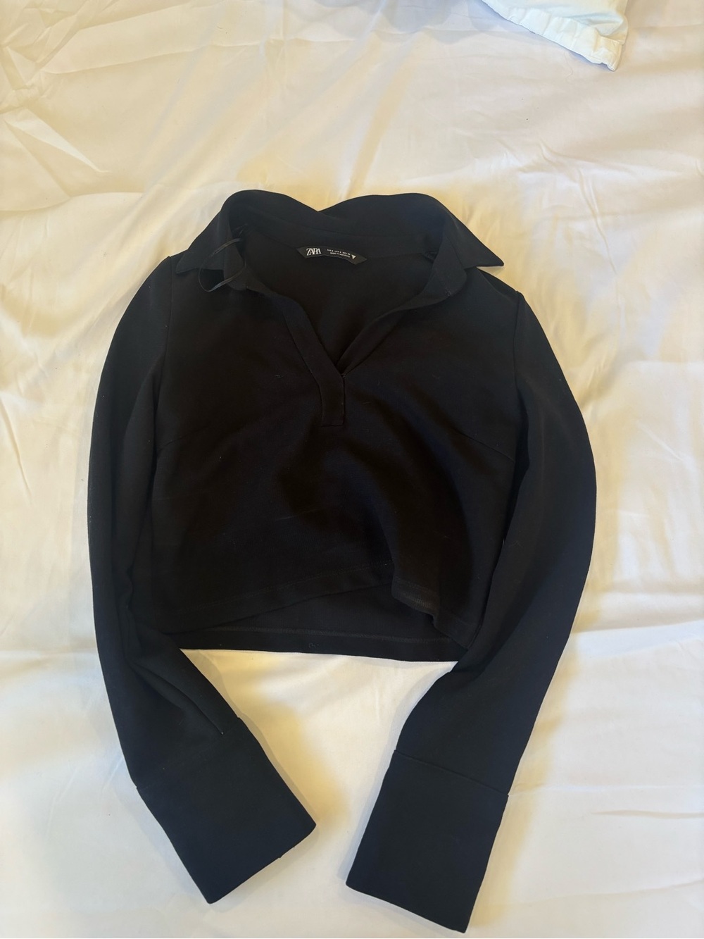 Zara Black Long-Sleeve Polo Crop Top with Collar